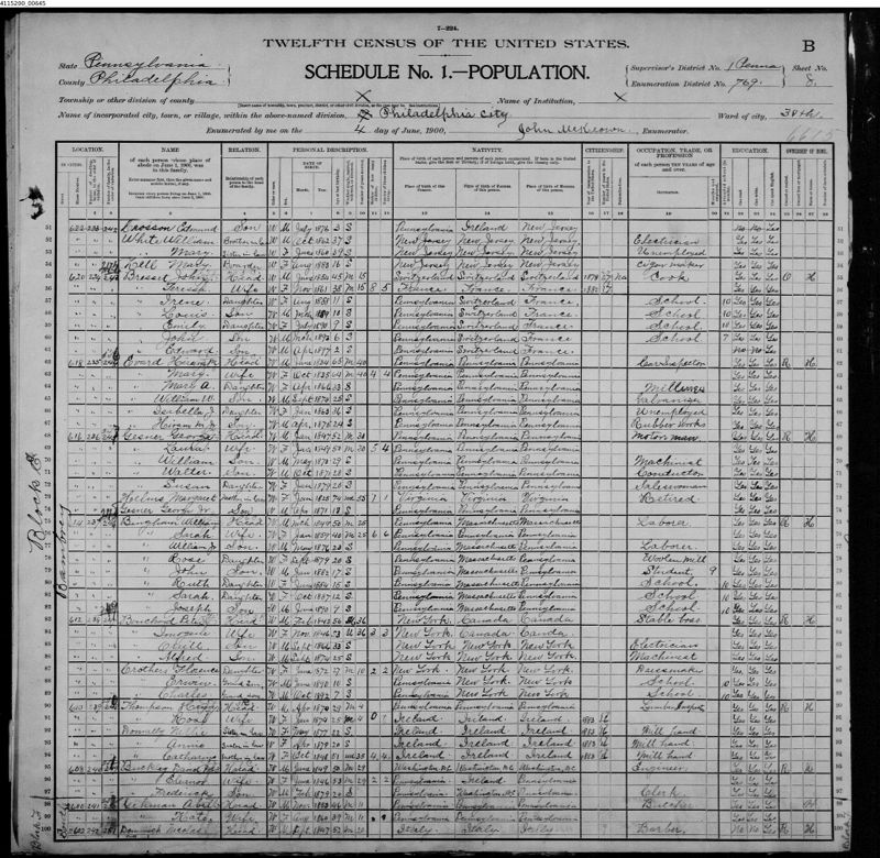 1900 Federal Census, Pennsylvania, Philadelphia County, City of Philadelphia, Supervisor's District No. 1, Enumeration District No. 769, Sheet 8.